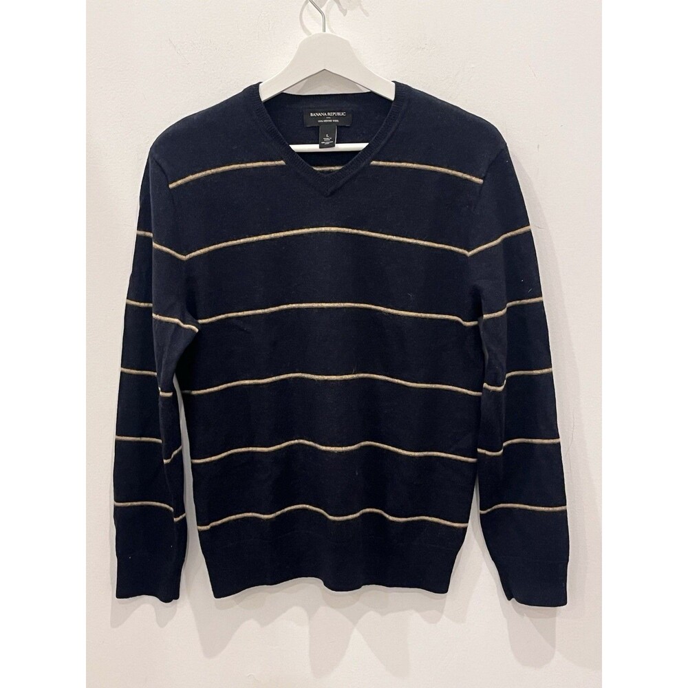 Banana Republic 100% Merino Wool Striped Sweater Sz L Navy Yellow Preppy Classic